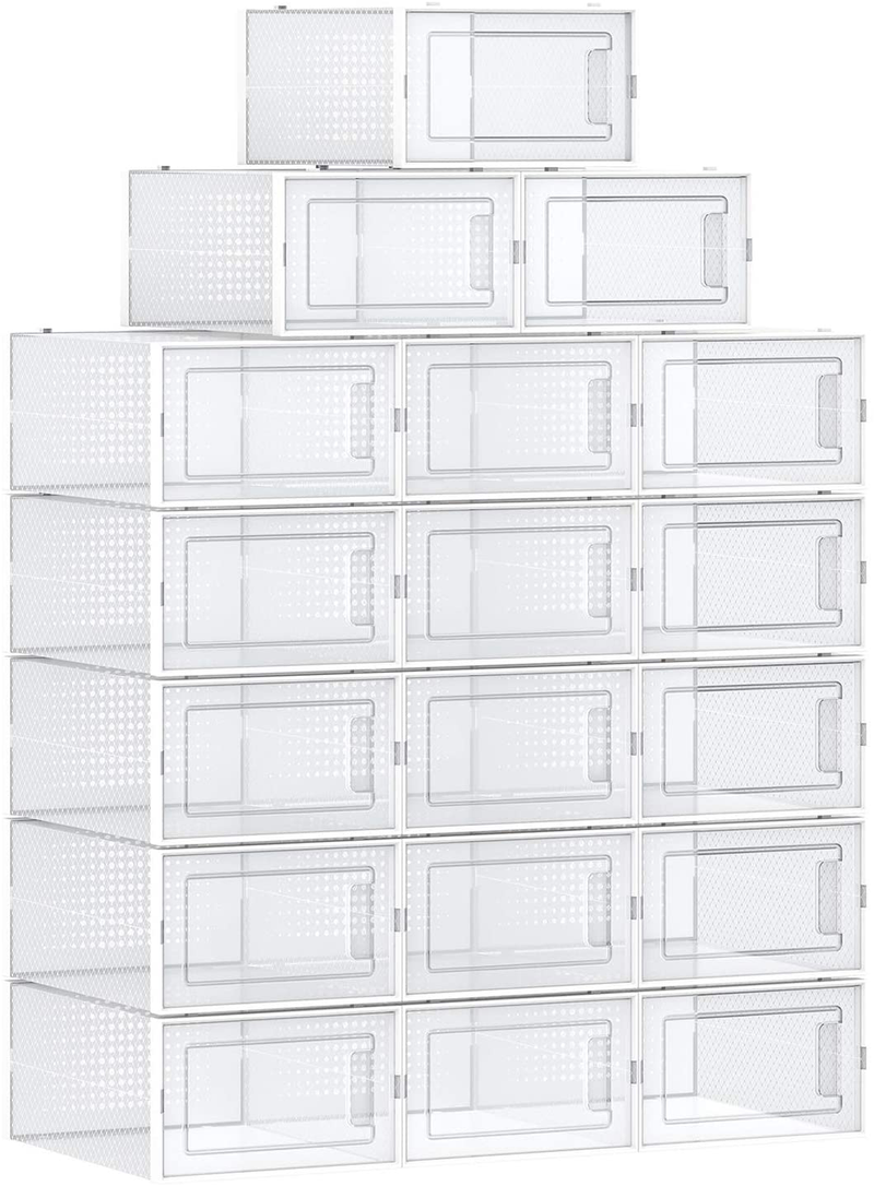 SONGMICS Shoe Boxes, Pack of 18 Clear Plastic Stackable Shoe Organizers, Fit up to US Size 8.5, Sneakers Boots Storage Containers, 9.1 X 13.1 X 5.5 Inches, Transparent and White ULSP18SWT Furniture > Cabinets & Storage > Armoires & Wardrobes SONGMICS   