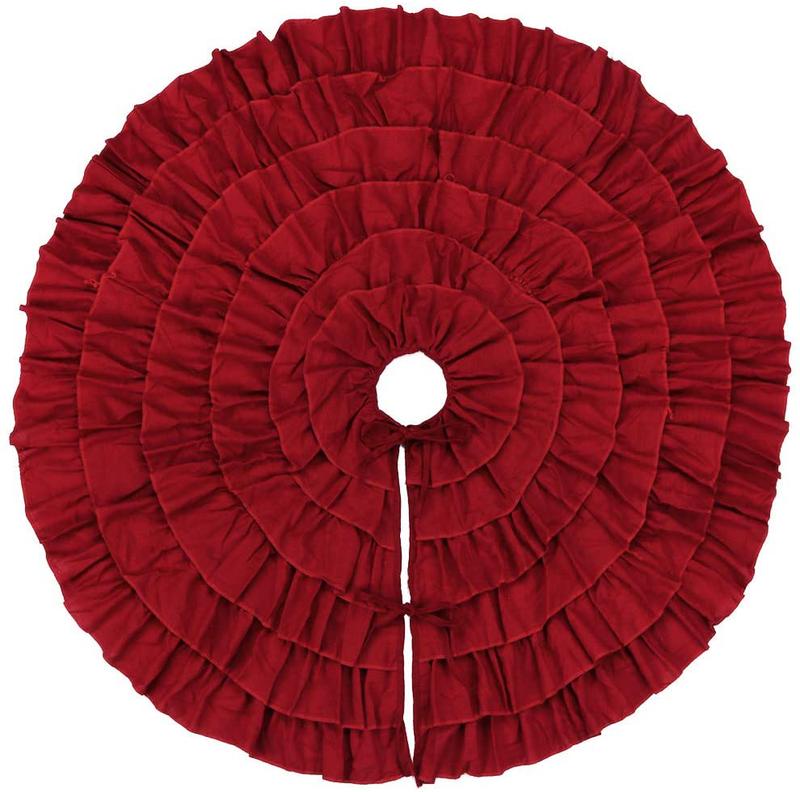 Meriwoods Ruffled Burlap Christmas Tree Skirt 48 Inch, Large Natural Linen Tree Collar, Country Rustic Indoor Xmas Decorations, Burgundy Red Home & Garden > Decor > Seasonal & Holiday Decorations > Christmas Tree Skirts Meriwoods   