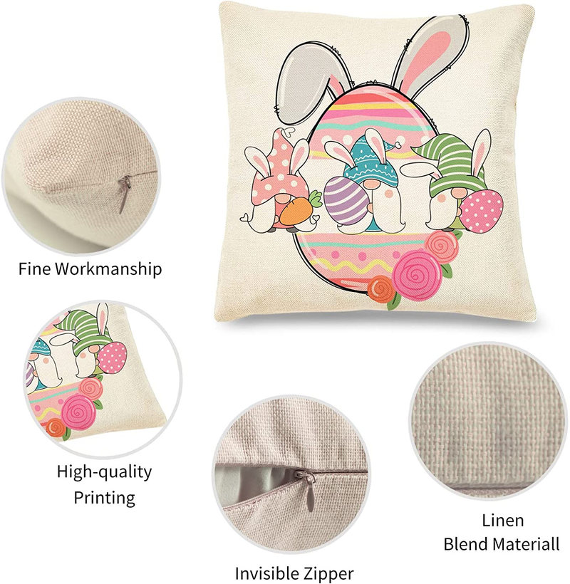 Henviro Easter Pillow Covers 18X18 - Set of 4 Easter Decorations for the Home, Bunny Tail/ Truck/ Hop Eggs/ Gnomes Easter Decor/ Spring/ Farmhouse Pillow Covers Home & Garden > Decor > Seasonal & Holiday Decorations Henviro   