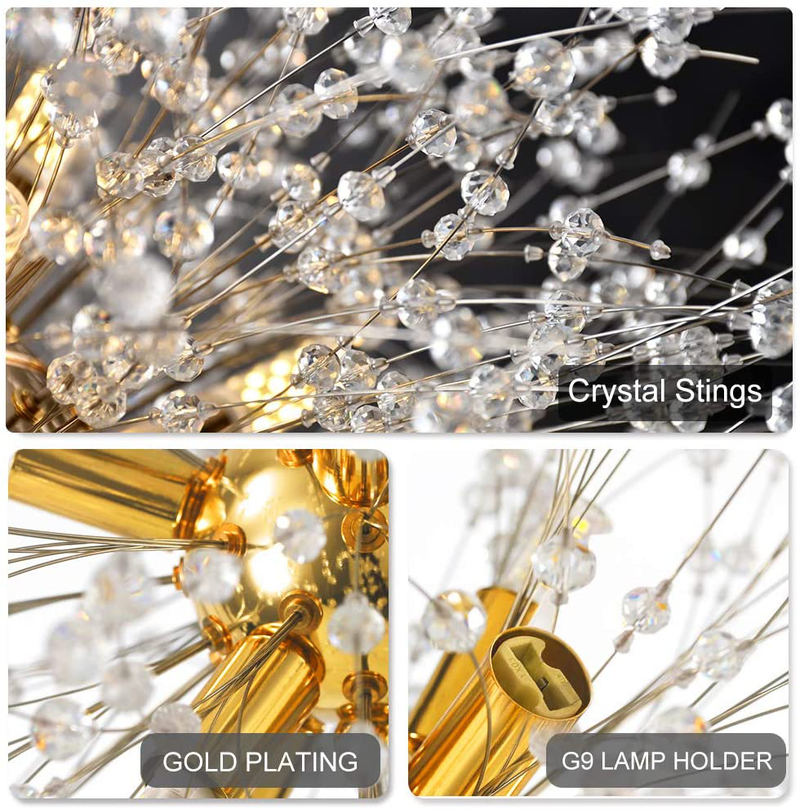 Qamra Modern Gold Crystal Chandeliers, Firework Dandelion Sputnik Chandelier Light Fixture Pendant Lighting for Dining Room, Bedroom, Bathroom, Kitchen, Living Room(9-Light, Gold)