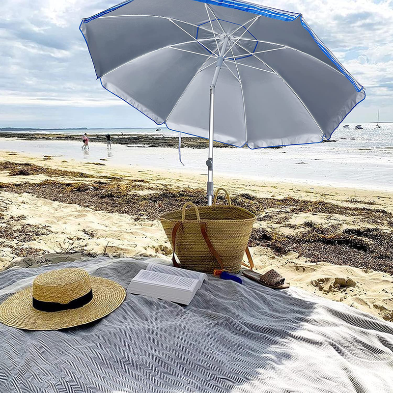 Ridota 7.2' Beach Umbrella with Sand Anchor, Outdoor Portable Beach Umbrella for Sand with Tilt Pole, Carry Bag, Air Vent, Blue Stripes