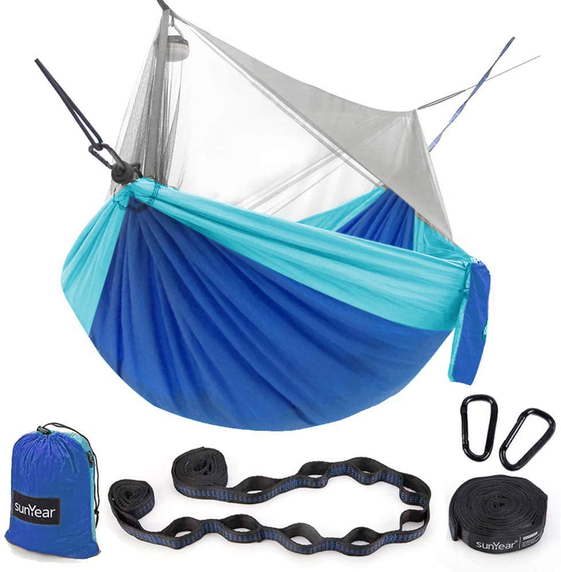 Sunyear Hammock Camping with Net/Netting, Portable Camping Hammock Double Tree Hammock Outdoor Indoor Backpacking Travel & Survival, 2 Tree Straps (16+1 Loops Each, 20Ft Total) Sporting Goods > Outdoor Recreation > Camping & Hiking > Mosquito Nets & Insect Screens Sunyear Sky Blue/Sapphire Blue 78"W*118"L 