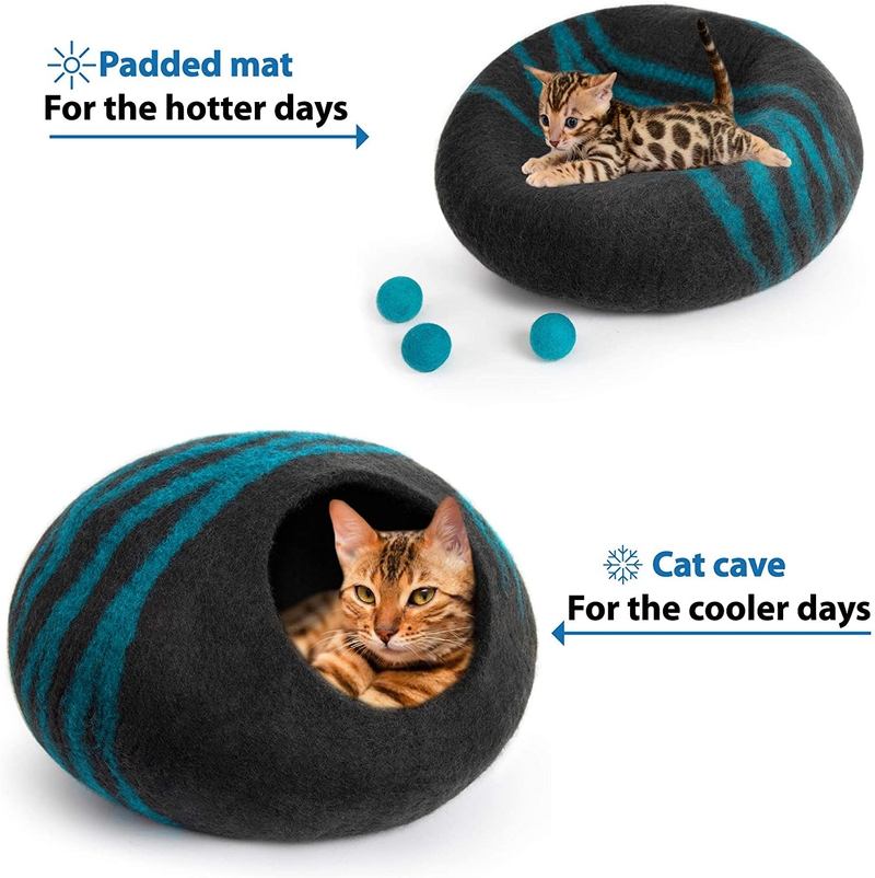 MEOWFIA Premium Felt Cat Bed Cave (Medium) - Handmade 100% Merino Wool Bed for Cats and Kittens (Black/Aqua/Medium) Animals & Pet Supplies > Pet Supplies > Cat Supplies > Cat Beds MEOWFIA   