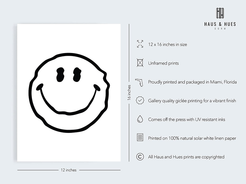 Smiley Face Posters White Wavy Smiley - by Haus and Hues | Cool Posters for Room Aesthetic Dope Paintings Edgy Poster Black and White Prints Wall Art Aesthetic, Trendy Wall Art UNFRAMED 12” X 16” Home & Garden > Decor > Artwork > Posters, Prints, & Visual Artwork HAUS AND HUES   