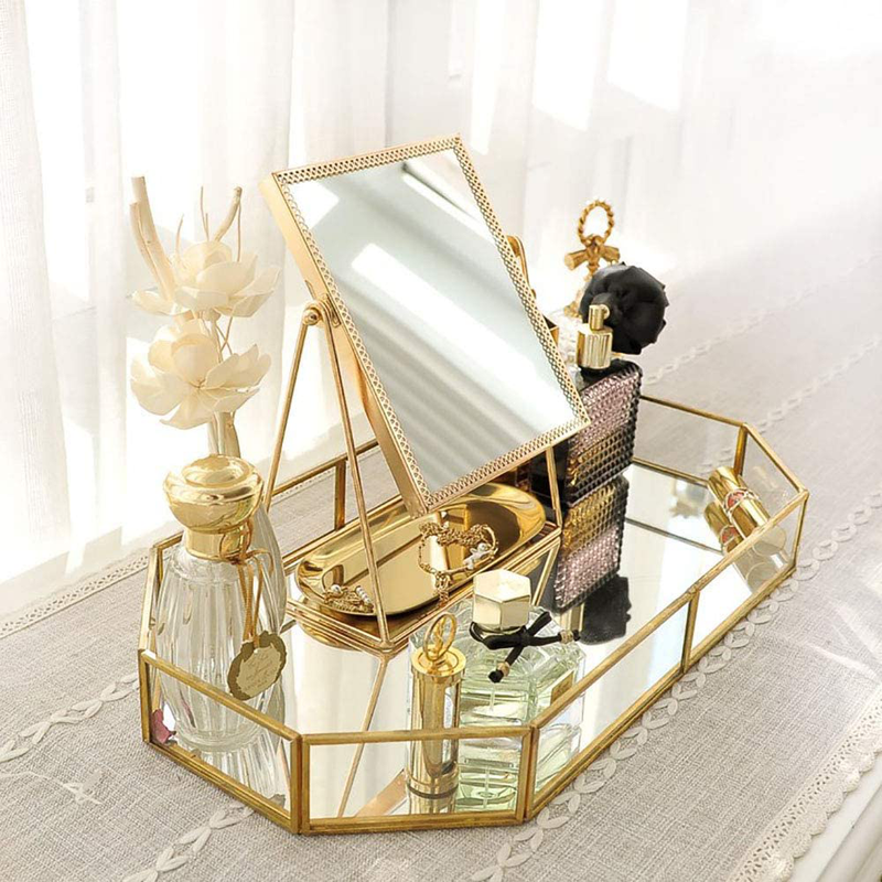 Polbecky Vintage Makeup Jewelry Organizer Mirrored Glass Tray Handmade Home Decorative Metal Vanity Tray,Gold Leaf Finish(12.4"x8.5"x1.9") Home & Garden > Decor > Decorative Trays Polbecky   