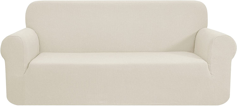 CHUN YI Stretch Sofa Slipcover 1-Piece Couch Cover, 3 Seater Coat Soft With Elastic, Checks Spandex Jacquard Fabric, Large, Black Home & Garden > Decor > Chair & Sofa Cushions CHUN YI Ivory White Medium 