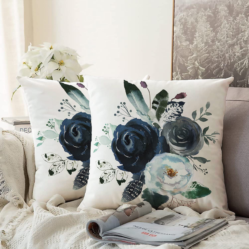 GALMAXS7 Floral Throw Pillow Covers Farmhouse Decorative Velvet Pillow Covers Navy Watercolor Flowers Pillowcase Boho Roses Blue White Square Cushion Covers Sofa Bed Décor 18X18 Inch Set of 2