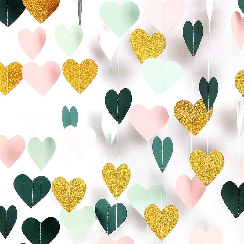Sage-Green Mint Pink-Gold Love-Heart Garland - 52Ft Rustic Wedding Hanging Decoration Streamer Banner,Valentines Mothers Day Bachelorette Bridal Shower Engagement Party Bunting Lasting Surprise
