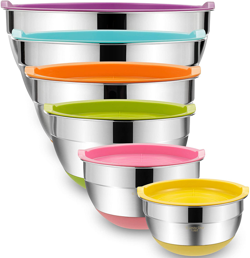Mixing Bowls with Airtight Lids, 6 piece Stainless Steel Metal Bowls by Umite Chef, Colorful Non-Slip Bottoms Size 7, 3.5, 2.5, 2.0,1.5, 1QT, Great for Mixing & Serving Home & Garden > Kitchen & Dining > Cookware & Bakeware Umite Chef Colorful  