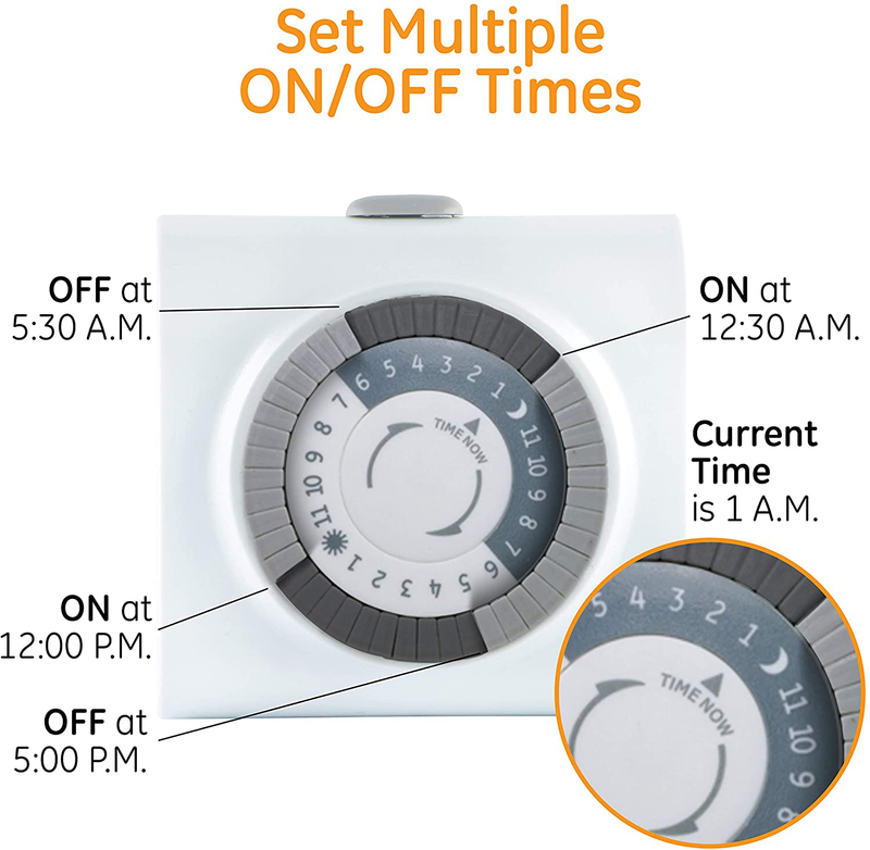 GE Mechanical 2 Pack, 2 Featuring 56177 24-Hour Indoor Basic Timer, 1 Polarized Outlet, Plug-in, Daily On/Off Cycle, 30 Minute Interval, for Lamps, Seasonal Appliances, and Portable Fans, White