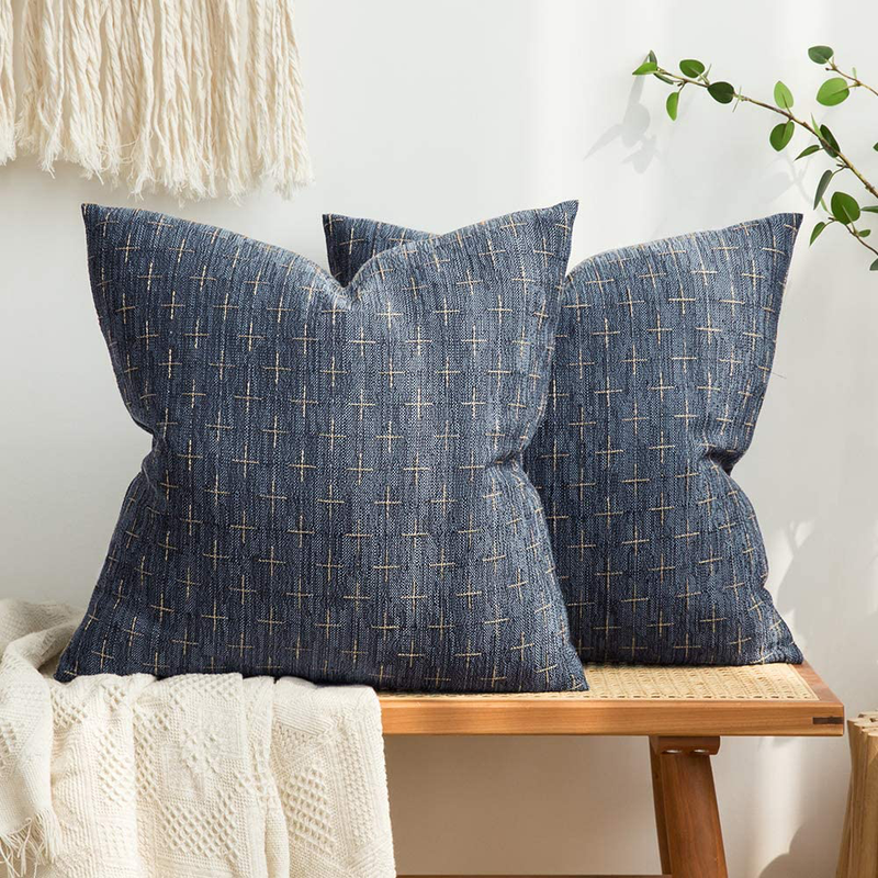 MIULEE Pack of 2 Decorative Burlap Linen Throw Pillow Covers Modern Farmhouse Pillowcase Rustic Woven Textured Cushion Cover for Sofa Couch Bed 18X18 Inch Blue Home & Garden > Decor > Chair & Sofa Cushions MIULEE Blue 18''x18'' 