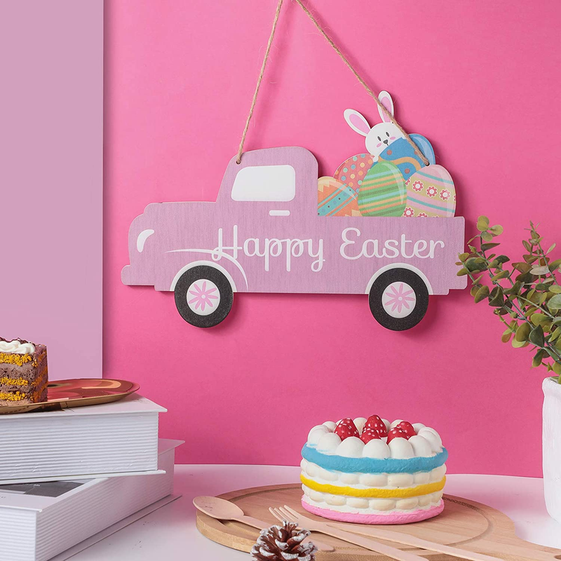 Happy Easter Wooden Sign Easter Hanging Door Sign Truck with Eggs and Bunny Spring Decor Colorful Welcome Wall Plaque for Yard Indoor Outdoor Garden Decorations