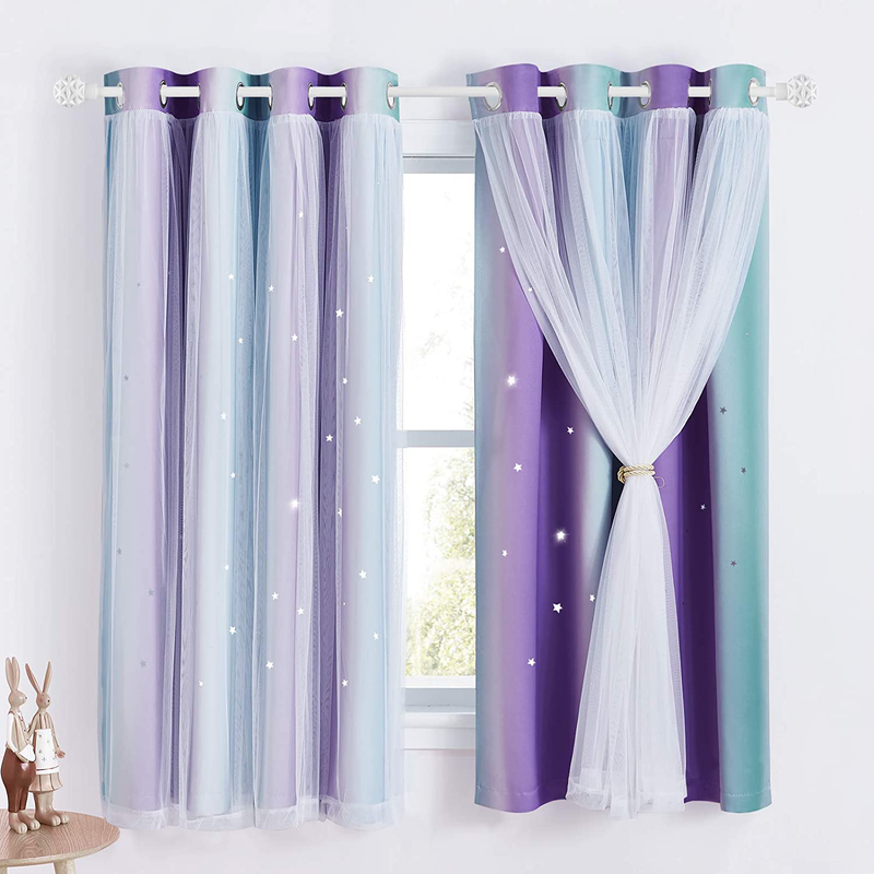 NICETOWN Kids Room Decor for Girls, White Gauze & Blackout Drapes Assembled, Mix & Match Star Cut Curtain Panels with Versatile Styling Options (Teal & Purple, Each is W52 x L84, Sold by 2 PCs) Home & Garden > Decor > Seasonal & Holiday Decorations NICETOWN Teal & Purple W52 x L63 