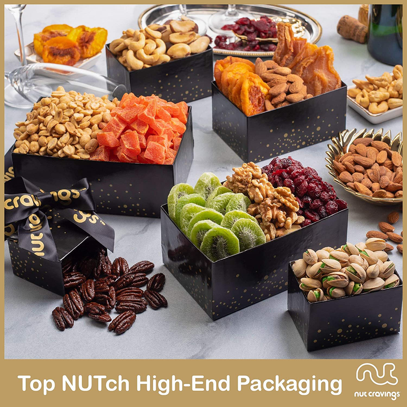 Dried Fruit & Nuts Gift Basket Black Tower + Ribbon (12 Piece Set) Valetines Day 2022 Idea Food Arrangement Platter, Birthday Care Package Variety, Healthy Kosher Snack Box for Adults Prime Home & Garden > Decor > Seasonal & Holiday Decorations Nut Cravings   