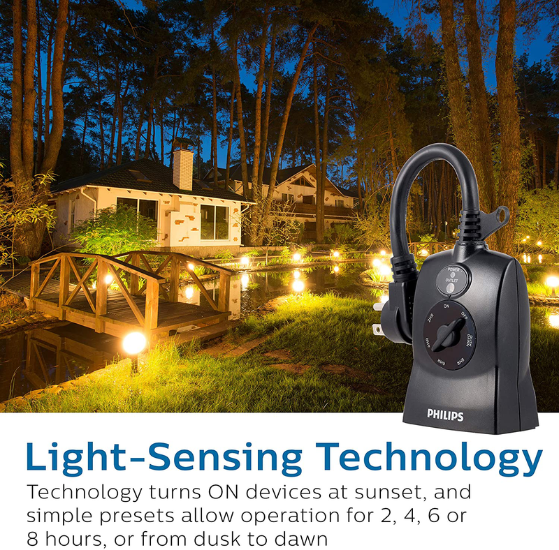 Philips Light-Sensing Plug-in Outdoor Mechanical Timer, Preset/Countdown, Dawn-to-Dusk, 2 Polarized Outlets, Override Switch, Ideal for landscape, Seasonal Lighting, Décor, SPC1240AT/27 Home & Garden > Lighting Accessories > Lighting Timers PHILIPS   