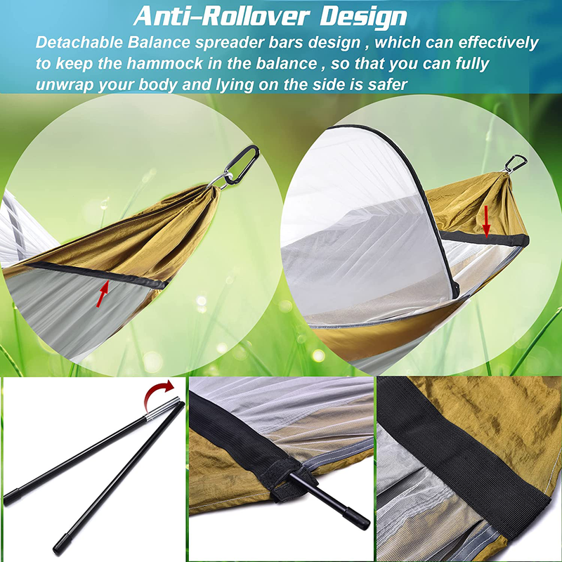 Hammock with Mosquito Net and Balance Spreader Bar 2 Person Parachute Fabric Travel Hammock for Outdoor Camping Backpacking Travel Hiking Beach Backyard (Grey&Khaki) Sporting Goods > Outdoor Recreation > Camping & Hiking > Mosquito Nets & Insect Screens AeeCool   