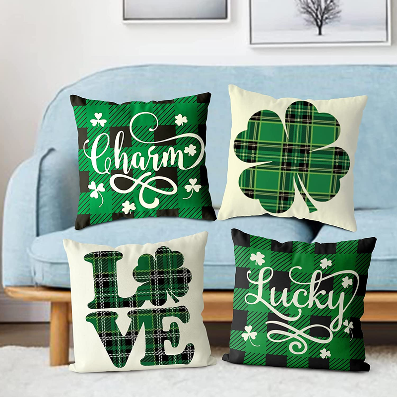 St Patricks Day Decorations Pillow Covers 18X18 Set of 4 for St Patricks Day Decor Indoor, Irish Shamrock Home Decor Throw Pillows Cover Green Buffalo Plaid St. Patrick'S Day Decorative Cushion Case Arts & Entertainment > Party & Celebration > Party Supplies RioGree   