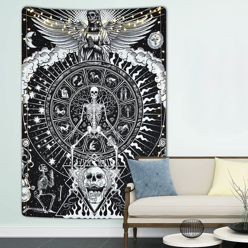 Skull Tapestry Meditation Skeleton Tapestry Angel Skull Stars Tapestry Sun Moon Tapestry 12 Constellation Tapestry Black and White Wall Hanging for Room (51.2 x 59.1 inches) Home & Garden > Decor > Artwork > Decorative Tapestries Livole   