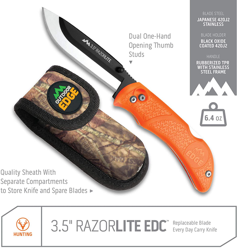 Outdoor Edge RazorLite - Replaceable Blade Folding Hunting Knife with Rubberized Nonslip TPR Handle, 6-Blades and Nylon Belt Sheath (Orange)  Outdoor Edge   