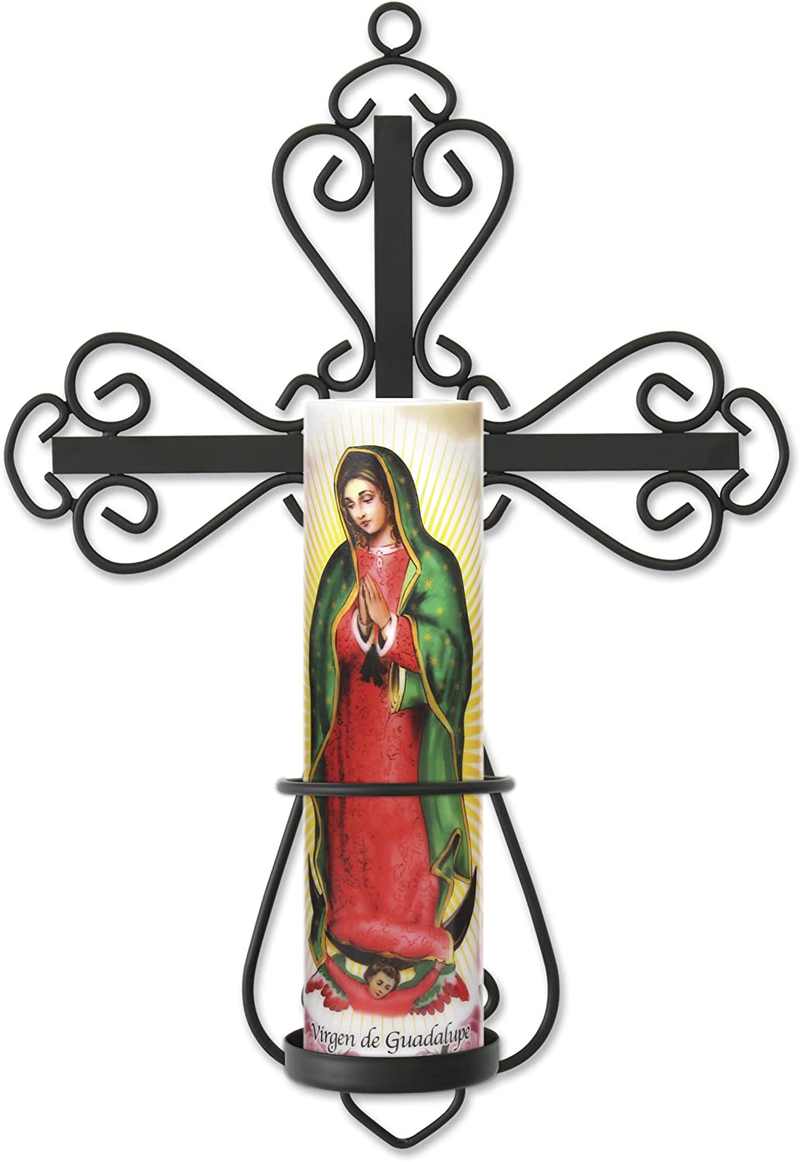 Stonebriar Decorative Scrolled Metal Cross Wall Sconce with Lady of Guadalupe LED Candle, Religious Gift Ideas for Friends and Family
