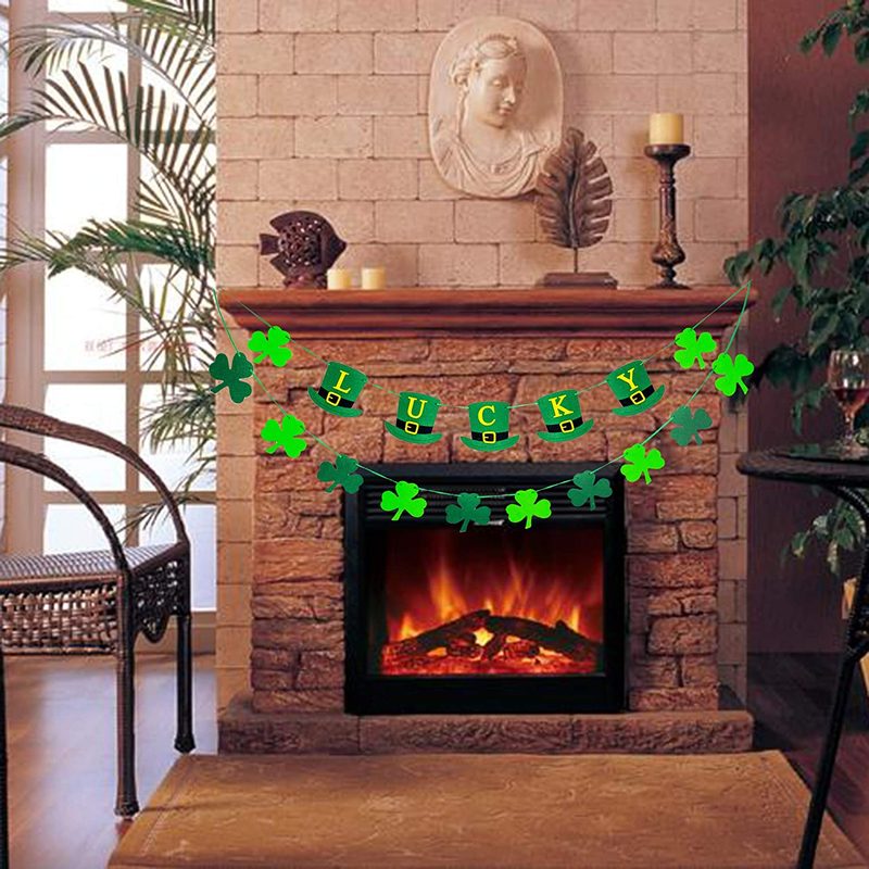 Felt Shamrock Clover Garland Banner - St Patricks Day Banner Decor - Saint Patricks Day for the Home Wreaths Decorations - Irish Pattys Ornaments Leprechaun Hat