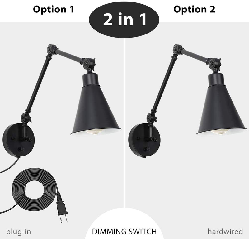 Swing Arm Wall Lamp for Bedroom, Set of 2 Plug in Wall Light Fixture with Dimmable Switch, Industrial Metal Black Wall Reading Sconce for Living Room Farmhouse Hallway