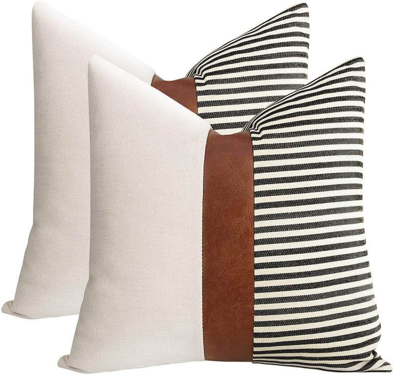 Cygnus 20X20 Pillow Covers Set of 2 Farmhouse Decor Stripe Patchwork Linen Throw Pillow Covers Modern Faux Leather Cushion Covers for Couch Sofa,Black Home & Garden > Decor > Chair & Sofa Cushions cygnus Black 16x16 inch 