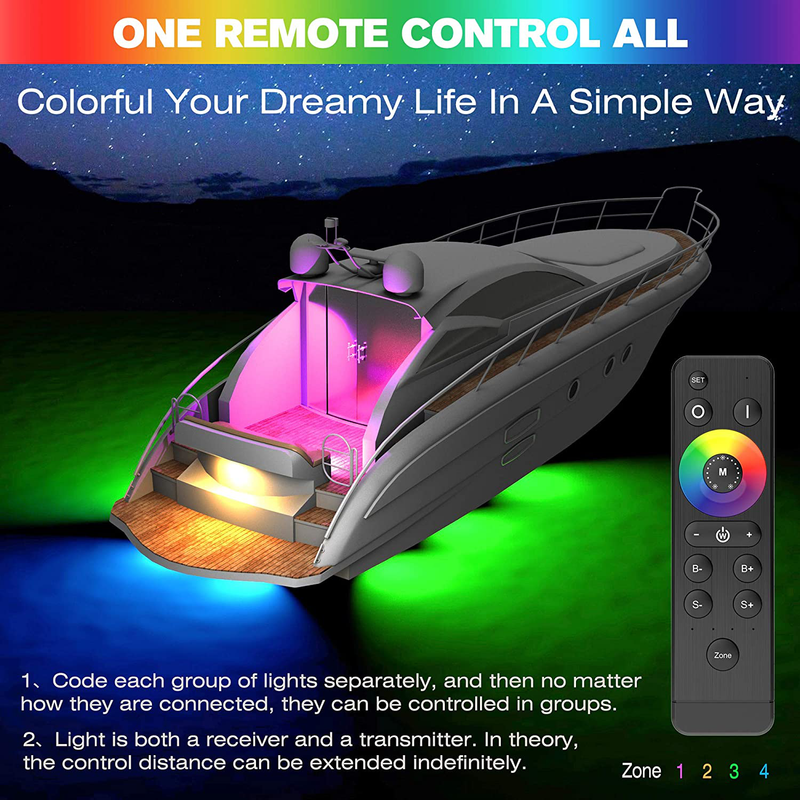 HUSUKU R1 Boat RGB Led Light 2x2000LM Underwater Marine Color Light Kit , 12V~24V, IP68 Waterproof, Wireless Grouping and Control, Auto Sync, for Yacht / Boat / Pontoon / Dock / Pool / Fishing Lights