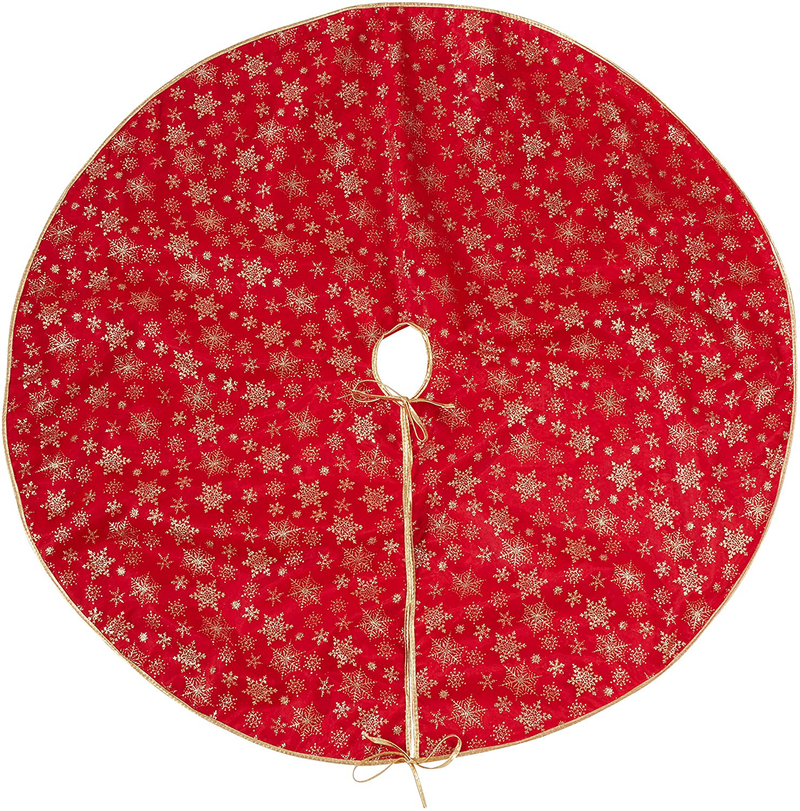 SARO LIFESTYLE Flocon de Neige Collection Red Organza Christmas Tree Skirt with Gold Snowflake Design, 48"