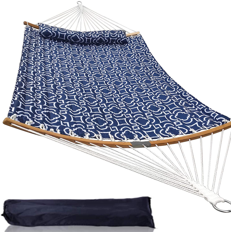 Love Story 12FT Quilted Fabric Double Quick Dry Portable Hammock with Strong Curved-Bar Bamboo & Detachable Pillow, Outdoor & Indoor Multi-Purpose for Camping Patio Yard,Grey Home & Garden > Lawn & Garden > Outdoor Living > Hammocks LOVE STORY Dark Blue 12ft 