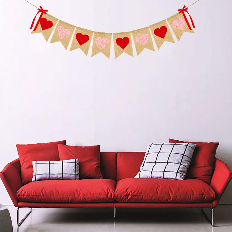 JOZON Glitter Heart Burlap Banner Valentine'S Day Red and Pink Heart Bunting Banner Garland with Bows Valentines Day Party Decorations for Wedding Anniversary Birthday Party Supplies Arts & Entertainment > Party & Celebration > Party Supplies JOZON   