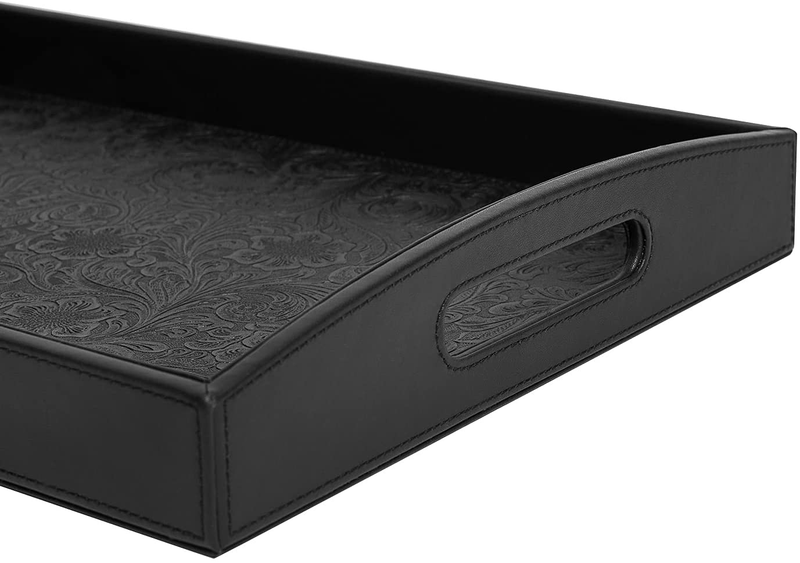 Serving Tray with Handles,Ottoman Decorative Platters,for Coffee Tables,Breakfast in Bed Tray, for Bar Catering Party Kitchen,Artificial Leather Embossed,Black,16×11.8 in