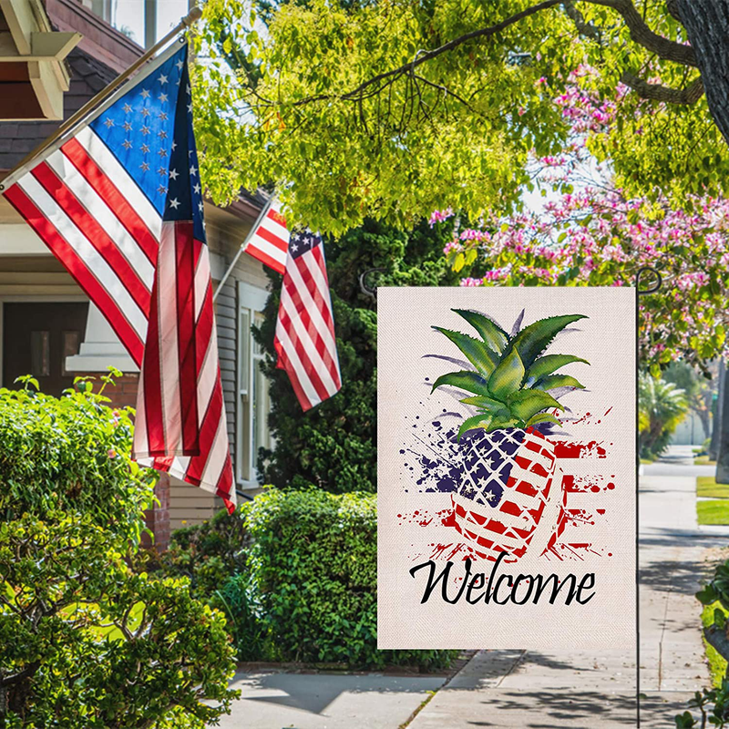 Covido Home Decorative Welcome House Flag, Spring Summer USA Garden Yard Lawn Pineapple Decor, July 4th American Patriotic Outside Decoration Seasonal Outdoor Large Burlap Flag Double Sided 12 x 18 Home & Garden > Decor > Seasonal & Holiday Decorations& Garden > Decor > Seasonal & Holiday Decorations Covido   