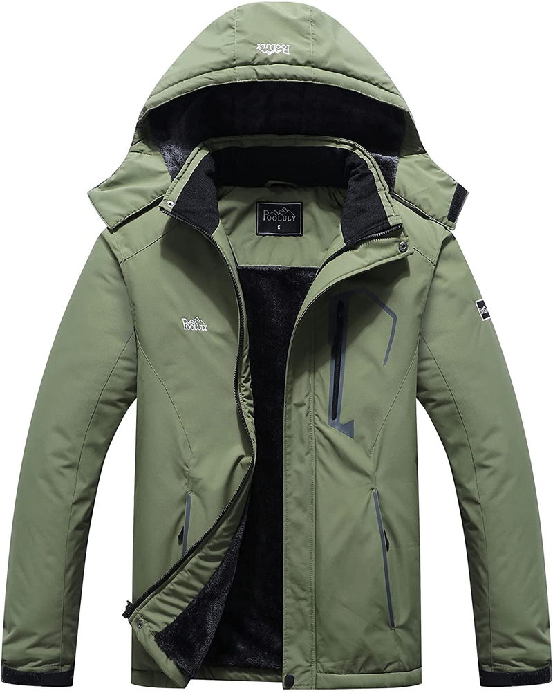 Pooluly Men's Ski Jacket Warm Winter Waterproof Windbreaker Hooded Raincoat Snowboarding Jackets  Pooluly Army Green Large 