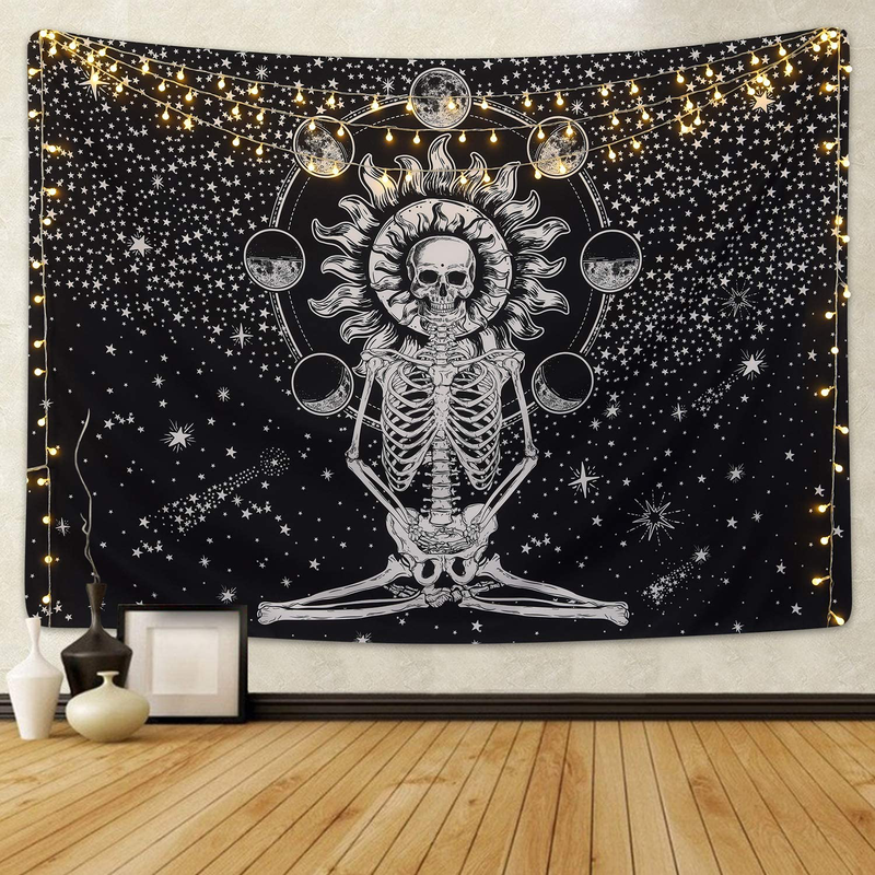 Skull Tapestry Meditation Skeleton Tapestry Chakra Tapestry Starry Tapestry Black and White Stars Tapestry for Room Home & Garden > Decor > Artwork > Decorative Tapestries Krelymics Skull 51.2" x 59.1" 