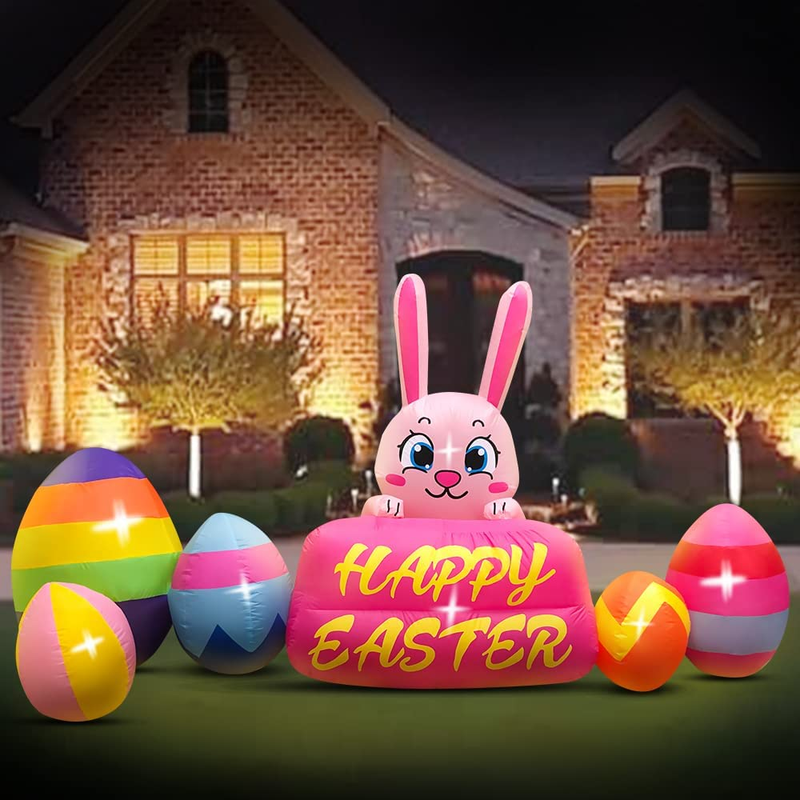 Domkom 8FT Easter Inflatable Decorations Bunny with Eggs,Build-In LED Lights Holiday Blow up Yard Decoration,For Easter Holiday Party,Indoor,Outdoor,Garden,Yard Lawn Decor Home & Garden > Decor > Seasonal & Holiday Decorations DomKom   