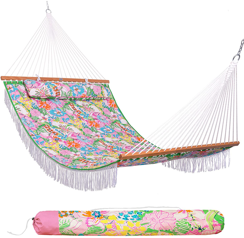 Lazy Daze 12 FT Double Quilted Fabric Hammock with Spreader Bars and Detachable Pillow, 2 Person Hammock for Outdoor Patio Backyard Poolside, 450 LBS Weight Capacity, Dark Cream Home & Garden > Lawn & Garden > Outdoor Living > Hammocks Lazy Daze Hammocks Floral  