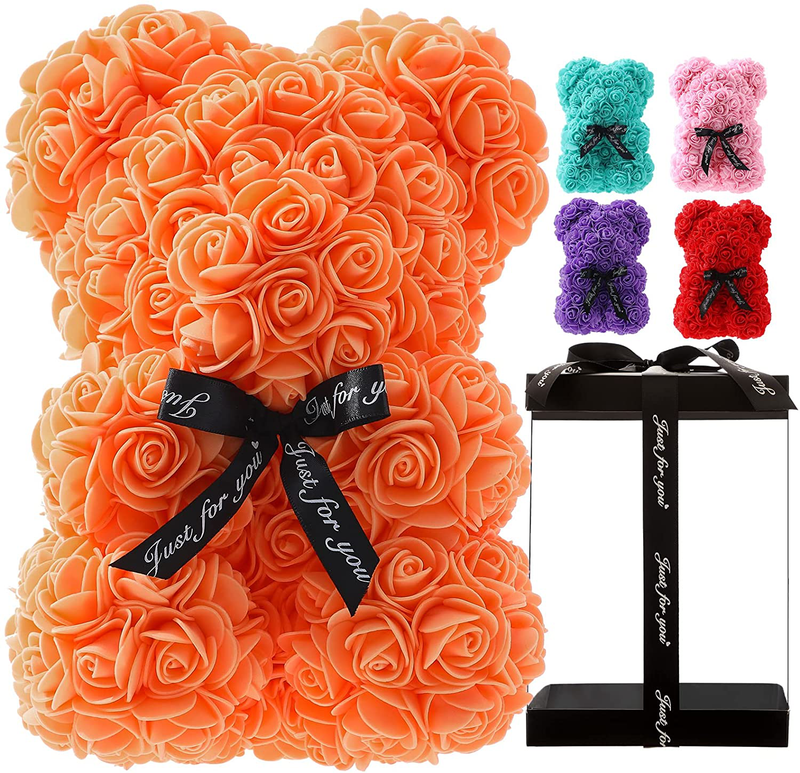 Rose Bear,Handmade Rose Teddy Bear Gifts for Girlfriend Daughter,10-Inch Rose Flower Bear Gifts for Valentine'S Day,Mother'S Day,Christmas,Wedding,Anniversary'S Clear Gift Box Home & Garden > Decor > Seasonal & Holiday Decorations AIPU Orange  