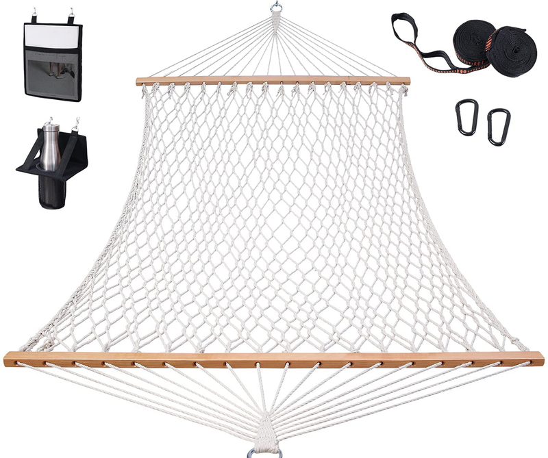 Cotton Rope Hammock with Tree Straps Kit, Ohuhu Double Hammocks for Outside with Wood Spreader, Bottle Holder & Side Pocket, All-in-One 2-Person Hammock for Indoor Outdoor, Garden Patio Yard Balcony Home & Garden > Lawn & Garden > Outdoor Living > Hammocks Ohuhu Cotton, Wood  