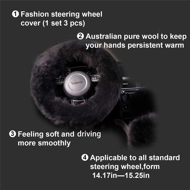 Yontree Fashion Fluffy Steering Wheel Covers for Women/Girls/Ladies Australia Pure Wool 15 Inch 1 Set 3 Pcs (Black) Vehicles & Parts > Vehicle Parts & Accessories > Vehicle Maintenance, Care & Decor > Vehicle Decor > Vehicle Steering Wheel Covers Yontree   