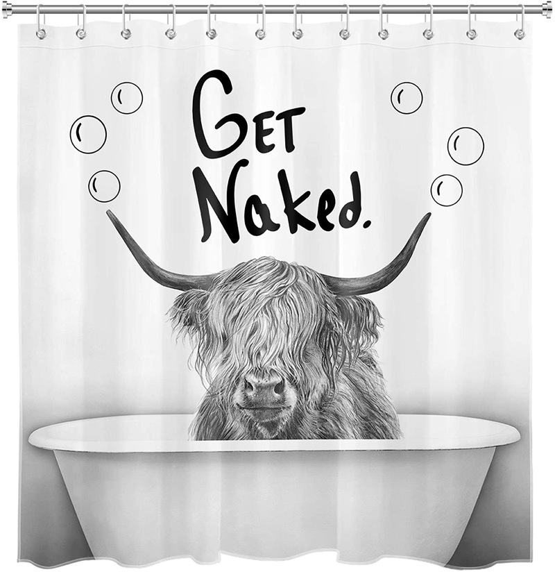 LB Funny Get Naked Shower Curtain Farmhouse Animal Highland Cow in Bathtub Bubble Cattle Shower Curtains Set Hooks Gray White Backdrop for Bathroom Decor,70x70Inch Waterproof Fabric Home & Garden > Decor > Seasonal & Holiday Decorations LB 70Wx70H  