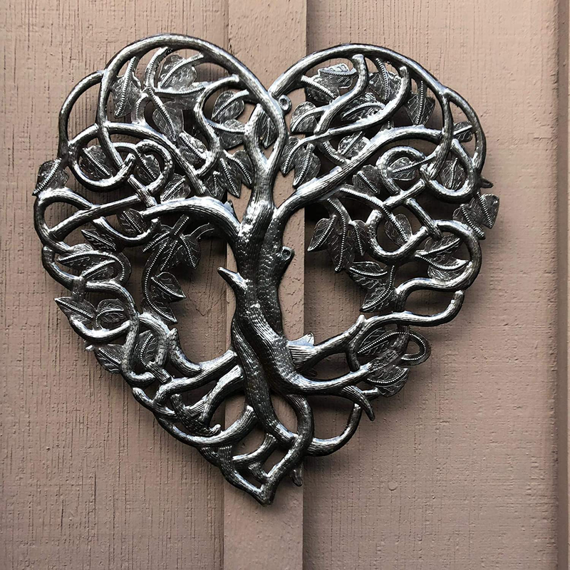 Handmade Tree of Life, Small Heart Shaped Wall Hanging Plaques, Decorative Figurine, Recycled Steel Artwork,14.25 In. X 14.25 In. (Heart Tree of Life) Home & Garden > Decor > Artwork > Sculptures & Statues It's Cactus   