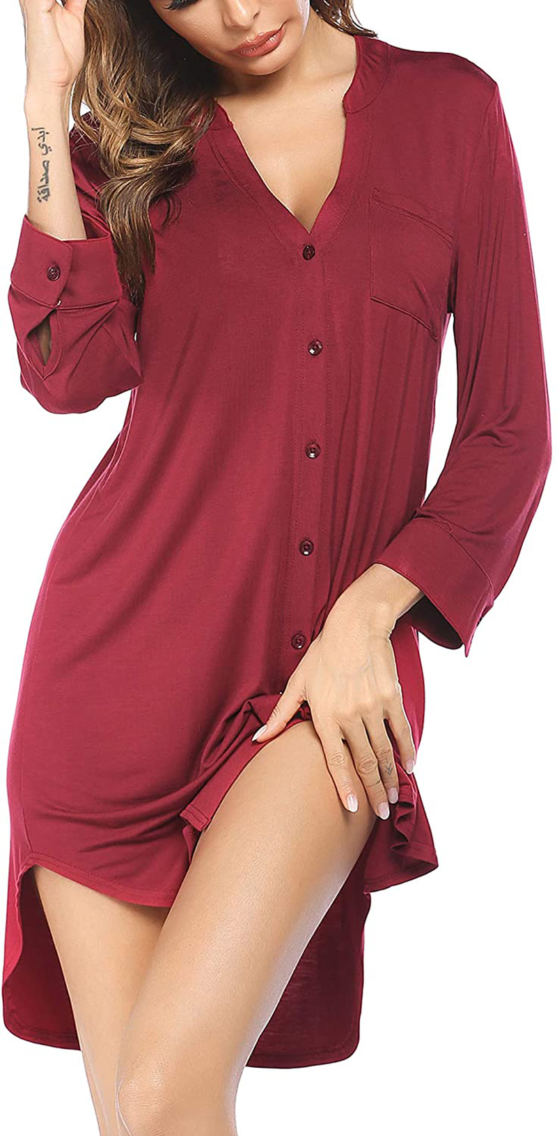 Ekouaer Women'S Nightgown Striped Sleepwear 3/4 Sleeves Nightshirts Soft Button Sleep Dress