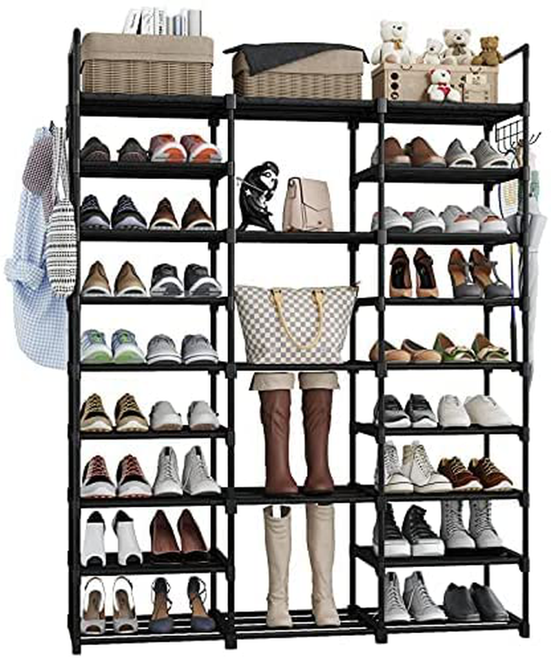 Finew 9 Tier Shoe Rack Shoe Organizer Shelf, Shoe Storage Rack for Entryway, 50-55 Pairs Shoe and Boots Shoe Organizer Tower Durable Black Metal Stackable Shoe Cabinet with Hooks, Hammer