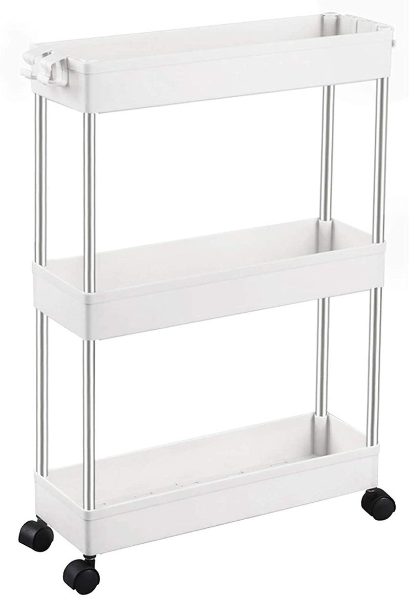 SPACEKEEPER Slim Storage Cart 3 Tier Mobile Shelving Unit Organizer Slide Out Storage Rolling Utility Cart Tower Rack for Kitchen Bathroom Laundry Narrow Places, Plastic & Stainless Steel, Black Home & Garden > Kitchen & Dining > Food Storage SPACEKEEPER White  