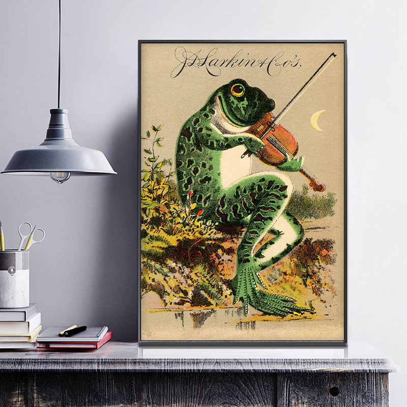 Frog Canvas Wall Art - Frog Pictures Wall Decor Frog Playing Banjo in the Moonlight Vintage Frog Poster Prints Painting for Bedroom Bathroom 12X16 Inch Unframed Home & Garden > Decor > Artwork > Posters, Prints, & Visual Artwork Tanmart Frog Art Prints - C 16x24 Inch Unframed 