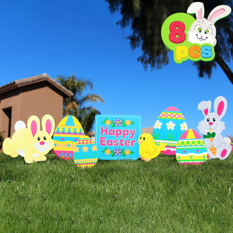 JOYIN 8 Pieces Easter Yard Signs Decorations Outdoor Bunny, Chick and Eggs Yard Stake Signs Easter Lawn Yard Decorations for Easter Hunt Game, Party Supplies Dècor, Easter Props. Home & Garden > Decor > Seasonal & Holiday Decorations JOYIN Rabbit  