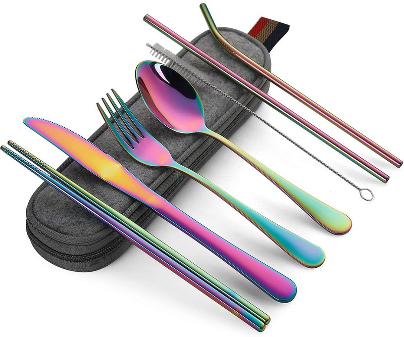 DEVICO Portable Utensils, Travel Camping Cutlery Set, 8-Piece including Knife Fork Spoon Chopsticks Cleaning Brush Straws Portable Case, Stainless Steel Flatware set (Silver) Home & Garden > Kitchen & Dining > Tableware > Flatware > Flatware Sets DEVICO Rainbow  