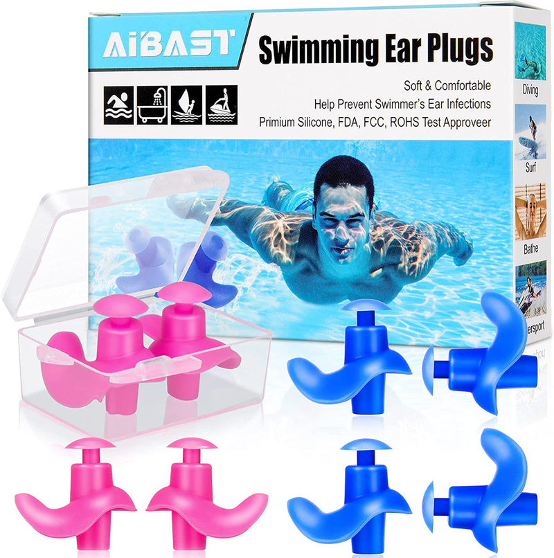 Swimming Ear Plugs, 2021 Upgraded 4 Pairs AiBast Professional Waterproof Reusable Silicone Earplugs for Swimming Showering Bathing Surfing and Snorkeling with Boxes, Suitable for Kids and Adult Sporting Goods > Outdoor Recreation > Boating & Water Sports > Swimming AiBast Pink Blue  