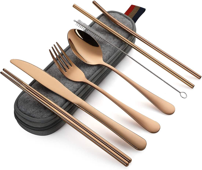 DEVICO Portable Utensils, Travel Camping Cutlery Set, 8-Piece including Knife Fork Spoon Chopsticks Cleaning Brush Straws Portable Case, Stainless Steel Flatware set (Silver) Home & Garden > Kitchen & Dining > Tableware > Flatware > Flatware Sets DEVICO Rose Gold  